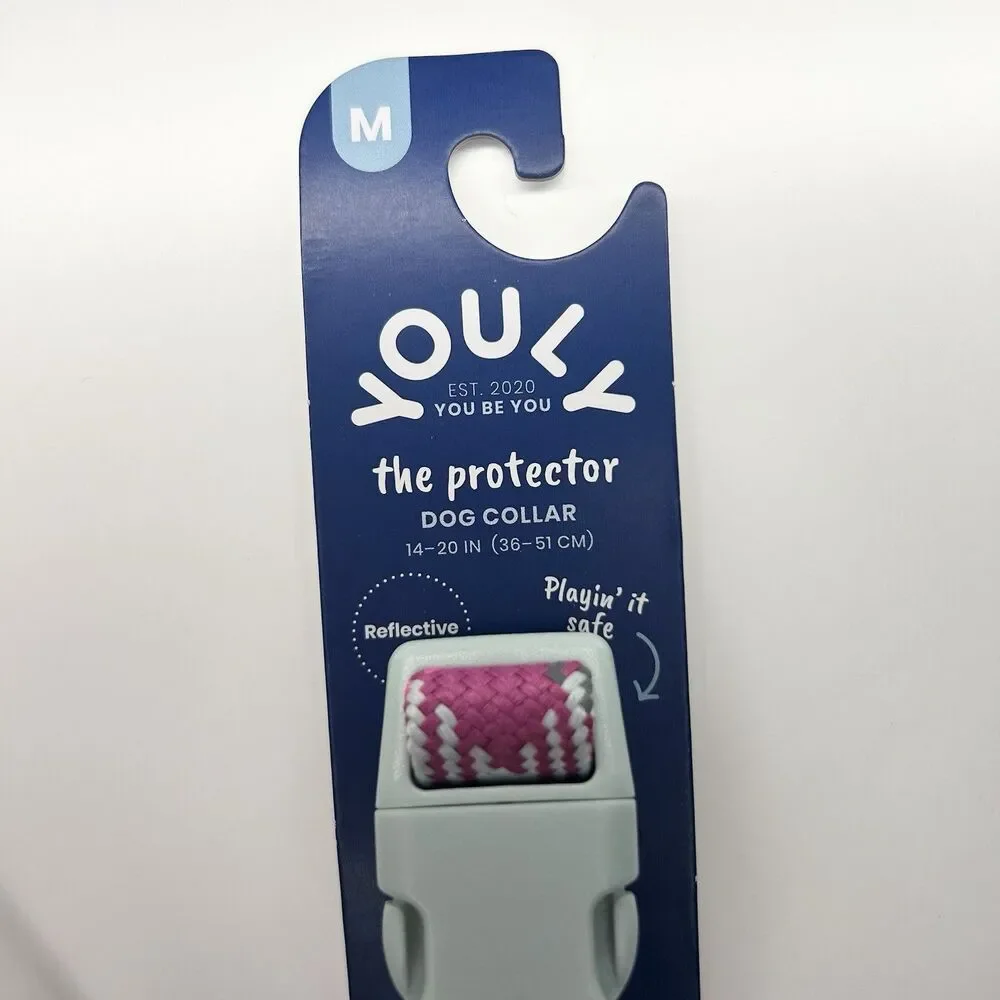 YOULY The Protector Dog Collar Reflective Pink & Gray, M Medium Pet 14”-20”